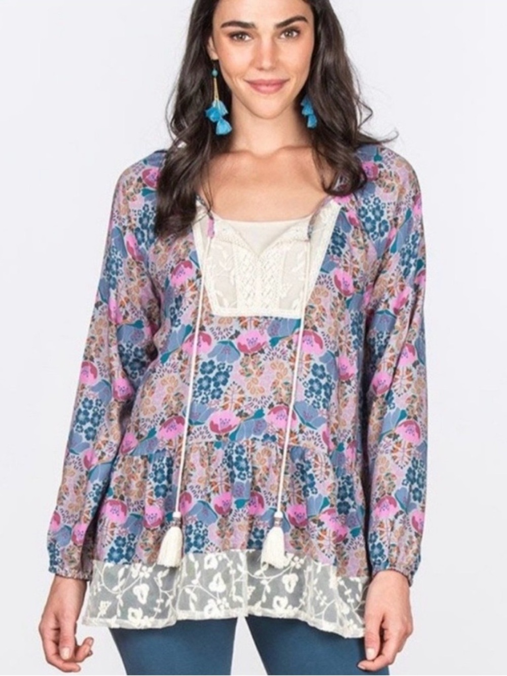 Matilda Jane Make Believe Sew Perfect Top Large Boho Peasant Blouse Floral Lace